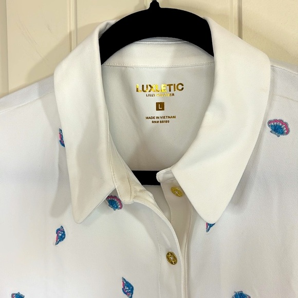 Lilly Pulitzer Frida Polo UPF50 Gone Shellin Embroidered Golf Top Size Large NWT - Picture 5 of 8
